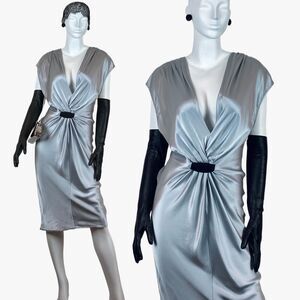 Gray Silk Dress Deep V Plunge Neckline & Back Minimalist Slip On Flapper Y2k NWT